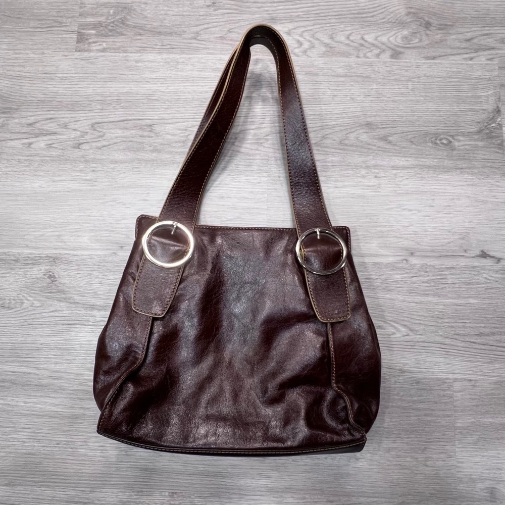 Ginger Michelle Brown Italian Leather Shoulder Bag Neon Green Lining Ring Detail